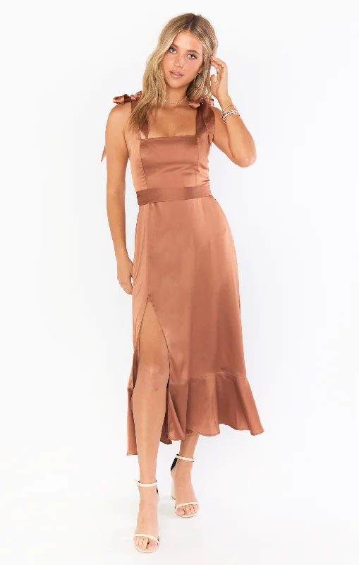 Floral print maxi dresses for summer garden partiesClaire Midi Dress ~ Copper Luxe Satin Floral print maxi dresses for summer garden partiesClaire Midi Dress ~ Copper Luxe Satin