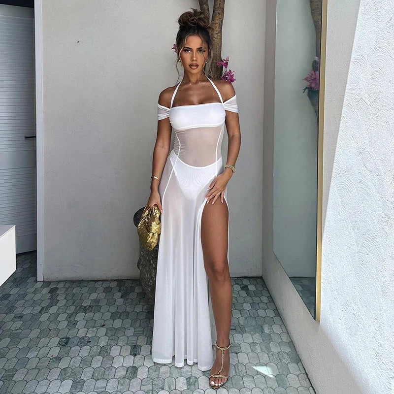Maxi dresses with a button - down front for a classic lookSummer New Style Halter Neck Mesh See Through High Slit Party Beach Club Clothing Long Women's Maxi Dress Maxi dresses with a button - down front for a classic lookSummer New Style Halter Neck Mesh See Through High Slit Party Beach Club Clothing Long Women's Maxi Dress