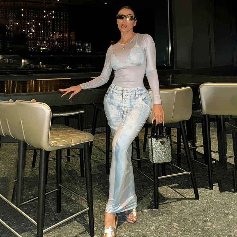 Maxi dresses with an asymmetric hem for a fashion - forward and eye - catching designBlue Jeans Round Neck Long Sleeve Daily Fashion Sexy Casual Streetwear Autumn Maxi Dress