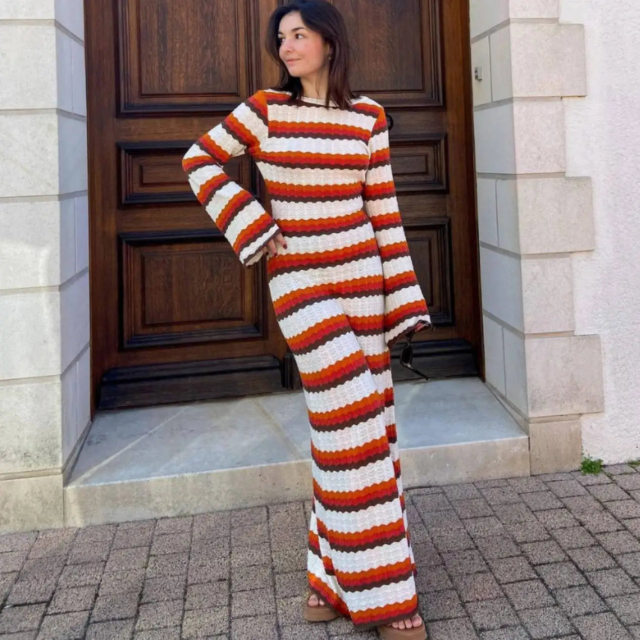 Satin maxi dresses with a high - low hem for a modern twistFashion Striped Knitted Beach Long Sleeve Backless Loose Casual Holiday Vacation Summer Maxi Dress Satin maxi dresses with a high - low hem for a modern twistFashion Striped Knitted Beach Long Sleeve Backless Loose Casual Holiday Vacation Summer Maxi Dress