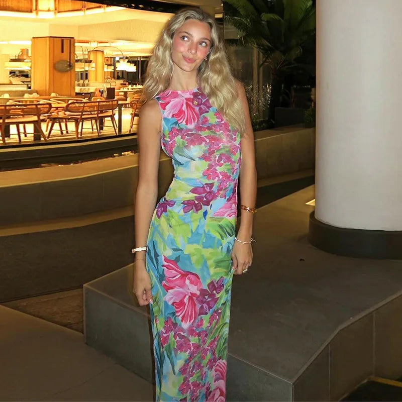 Plaid maxi dresses for fall fashion eventsFloral Print Sexy Backless Sleeveless Bodycon Party Beach Summer Holidays Maxi Dress
