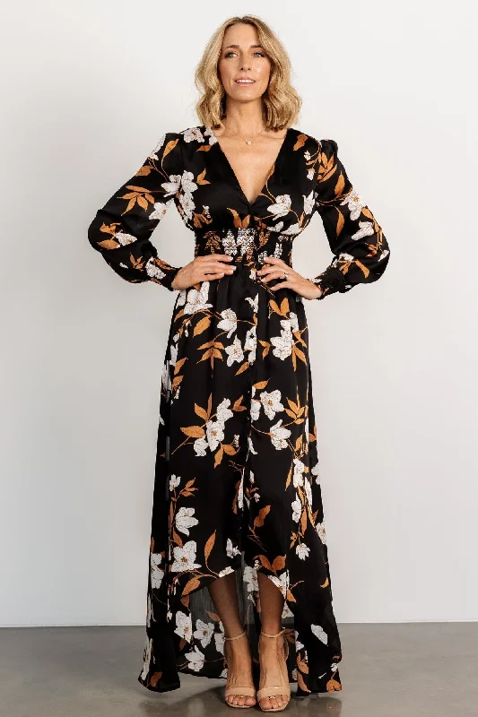 Maxi dresses with a ruffled neckline for a charming lookMayfair High Low Maxi Dress | Black Floral Maxi dresses with a ruffled neckline for a charming lookMayfair High Low Maxi Dress | Black Floral