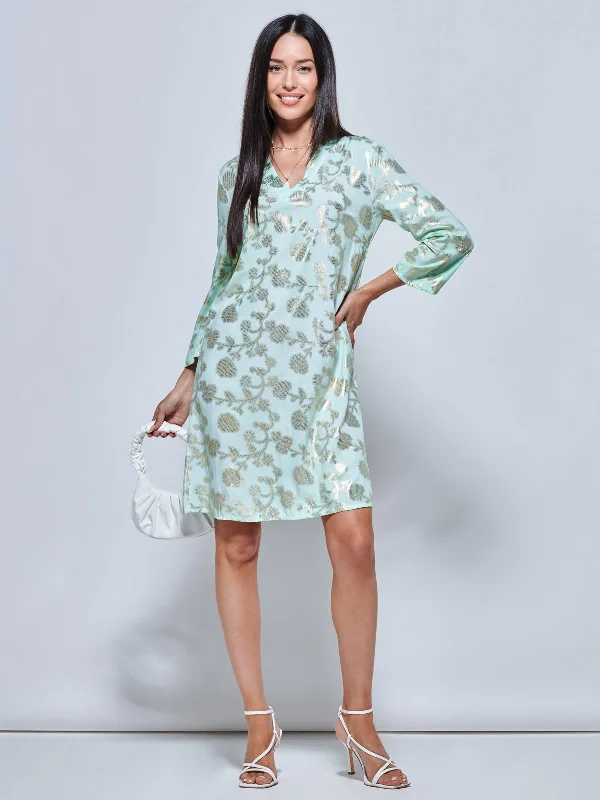 Midi dresses with cotton - blend materials for everyday comfort3/4 Sleeve Printed Midi Tunic Holiday Dress, Green Abstract Midi dresses with cotton - blend materials for everyday comfort3/4 Sleeve Printed Midi Tunic Holiday Dress, Green Abstract