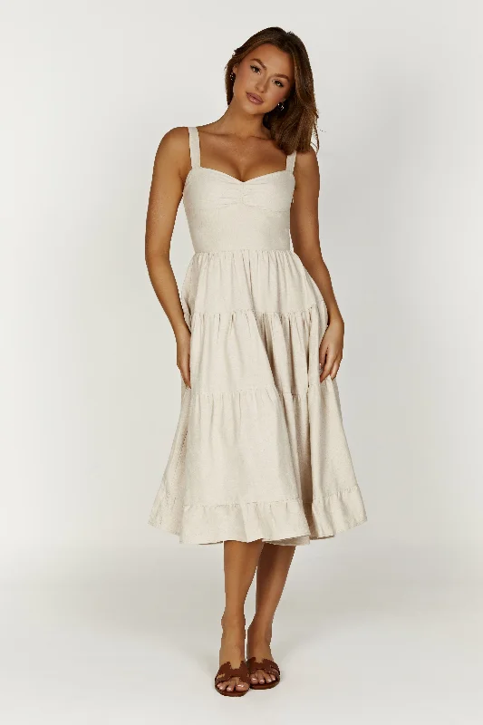 Midi dresses with fringe details for a fun and energetic styleAdriana Linen Midi Dress - Natural Midi dresses with fringe details for a fun and energetic styleAdriana Linen Midi Dress - Natural