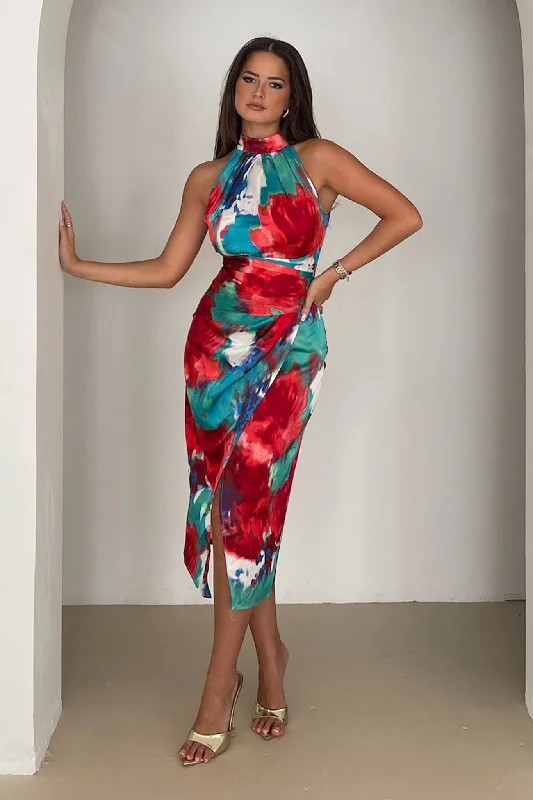 Midi dresses with pleated skirts for a timeless and elegant appealAlessia Halter Neck Midi Dress Red Abstract Midi dresses with pleated skirts for a timeless and elegant appealAlessia Halter Neck Midi Dress Red Abstract