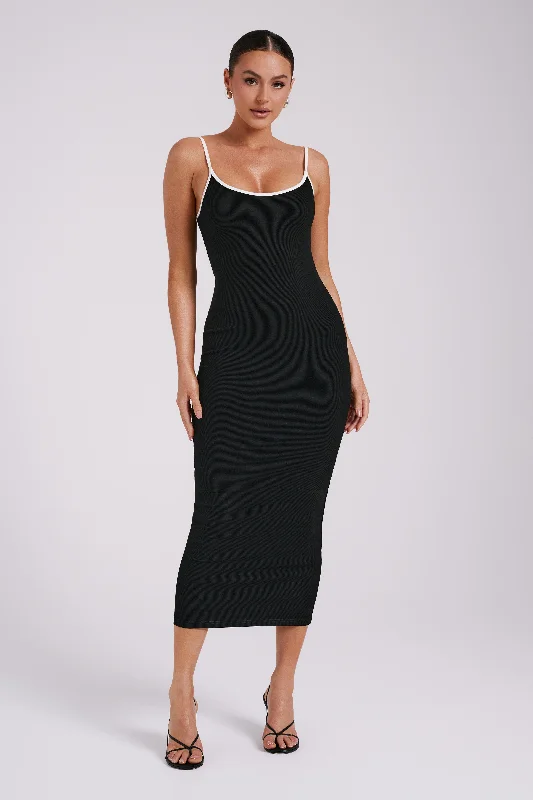 Midi dresses with belted waists to accentuate the figureAlexis Ribbed Contrast Midi Dress - Black/White Midi dresses with belted waists to accentuate the figureAlexis Ribbed Contrast Midi Dress - Black/White