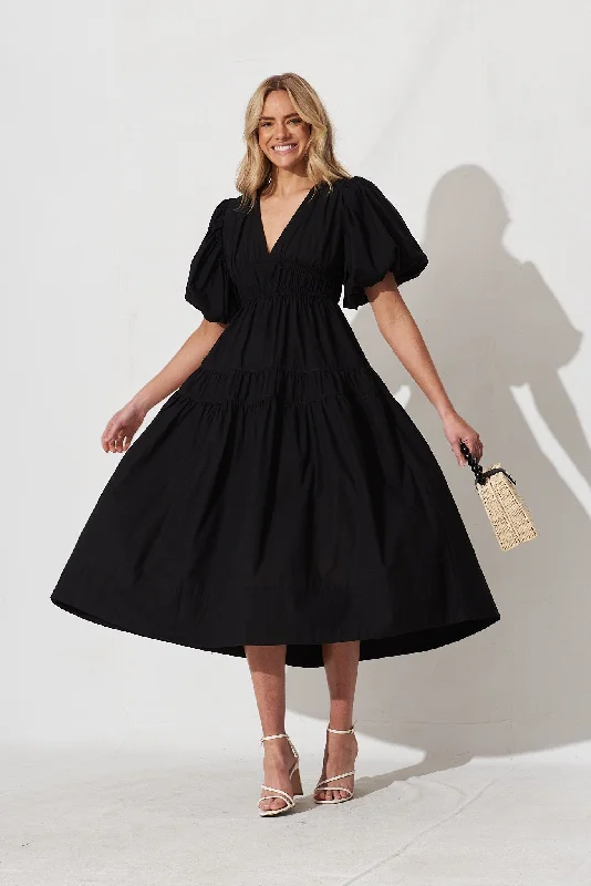 Midi dresses with metallic threads for a glamorous evening eventAmalie Midi Dress In Black Cotton Midi dresses with metallic threads for a glamorous evening eventAmalie Midi Dress In Black Cotton