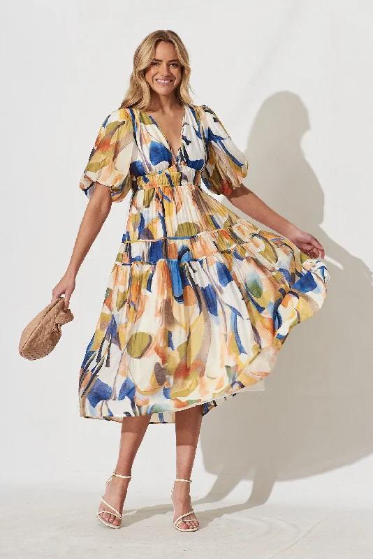 Midi dresses with empire waists for a flattering maternity optionAmalie Midi Dress In White With Multi Print Midi dresses with empire waists for a flattering maternity optionAmalie Midi Dress In White With Multi Print