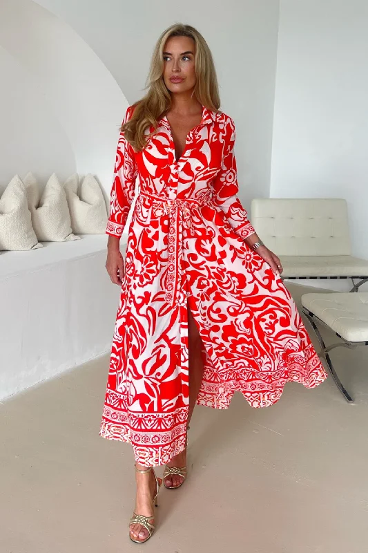 High - low midi dresses with geometric patterns for a modern partyAngela Red Print Shirt Maxi Dress High - low midi dresses with geometric patterns for a modern partyAngela Red Print Shirt Maxi Dress