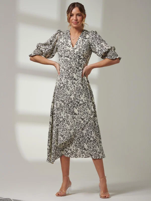 Midi dresses with belted waists to accentuate the figureAnimal Print Crepe Wrap Midi Dress, White Midi dresses with belted waists to accentuate the figureAnimal Print Crepe Wrap Midi Dress, White