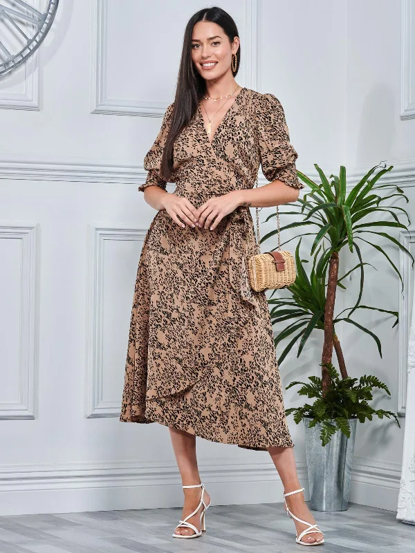 Midi dresses with sheer panels for a touch of allureAnimal Print Crepe Wrap Midi Dress, Stone Midi dresses with sheer panels for a touch of allureAnimal Print Crepe Wrap Midi Dress, Stone