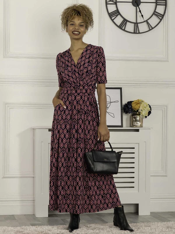 A - line midi dresses with floral prints for spring brunchesBeatrice Jersey Wrap Maxi Dress, Navy Geo A - line midi dresses with floral prints for spring brunchesBeatrice Jersey Wrap Maxi Dress, Navy Geo