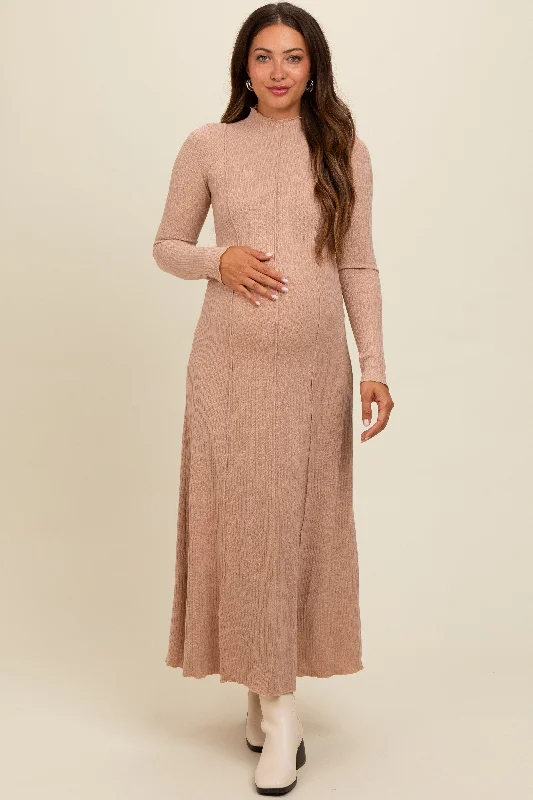 Midi dresses with mesh inserts for a trendy and breathable optionBeige Ribbed Exposed Seam Mock Neck Maternity Dress Midi dresses with mesh inserts for a trendy and breathable optionBeige Ribbed Exposed Seam Mock Neck Maternity Dress