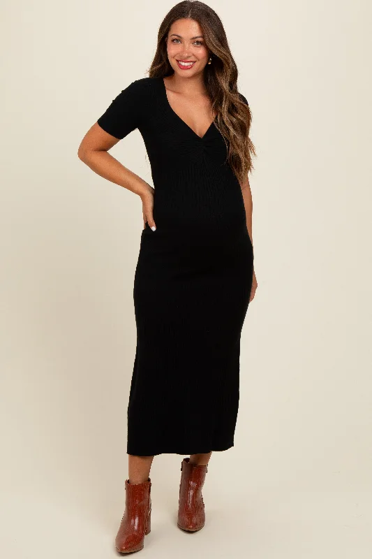 Midi dresses with asymmetric hems for a fashion - forward and dynamic appearanceBlack Knit Twisted V-Neck Maternity Maxi Dress Midi dresses with asymmetric hems for a fashion - forward and dynamic appearanceBlack Knit Twisted V-Neck Maternity Maxi Dress