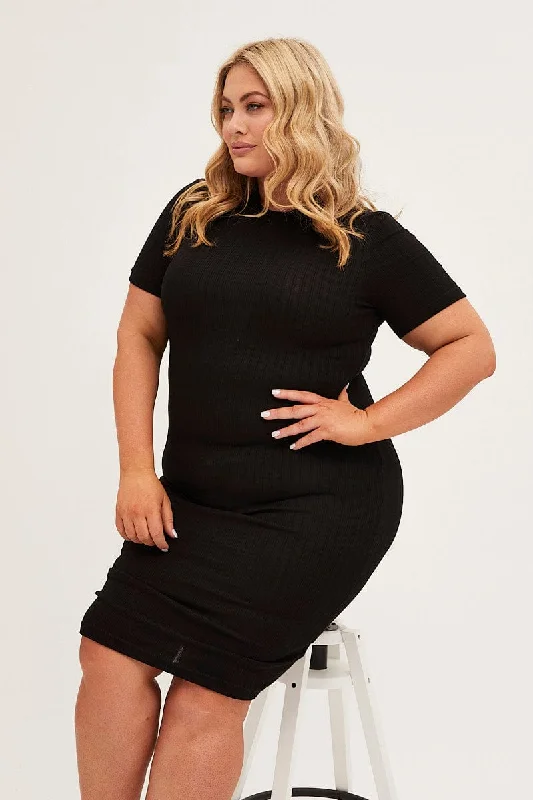 High - low midi dresses with geometric patterns for a modern partyBlack Midi Dress Short Sleeve Rib Jersey Bodycon High - low midi dresses with geometric patterns for a modern partyBlack Midi Dress Short Sleeve Rib Jersey Bodycon