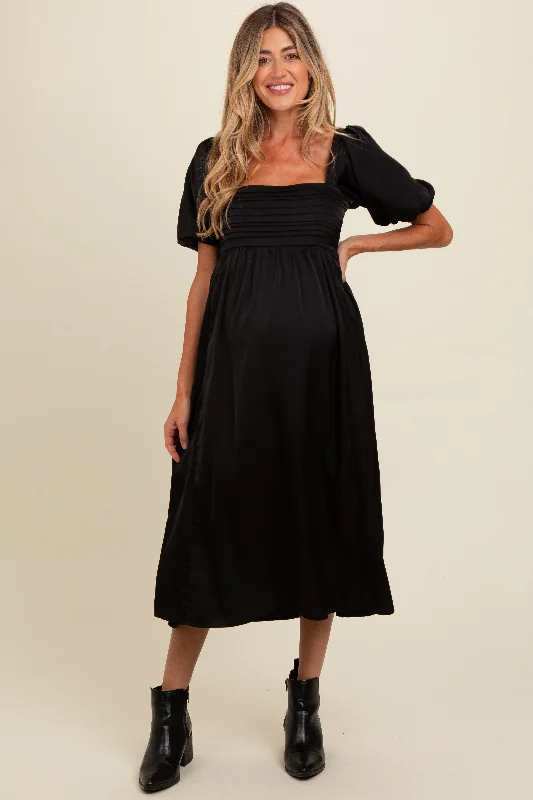 Midi dresses with button - front designs for a classic touchBlack Satin Pleated Bodice Puff Sleeve Maternity Midi Dress Midi dresses with button - front designs for a classic touchBlack Satin Pleated Bodice Puff Sleeve Maternity Midi Dress