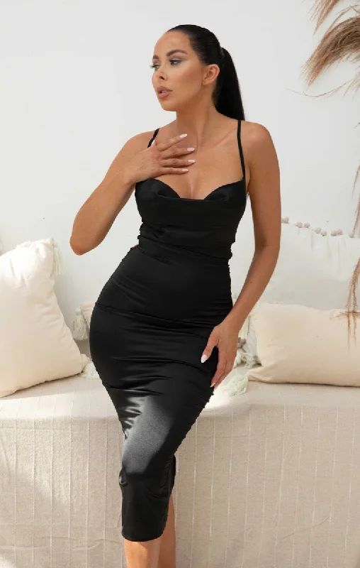 Midi dresses with ruffled sleeves for a more feminine and voluminous lookBlack Satin Strappy Tie Detail Bodycon Midi Dress - Zyra Midi dresses with ruffled sleeves for a more feminine and voluminous lookBlack Satin Strappy Tie Detail Bodycon Midi Dress - Zyra
