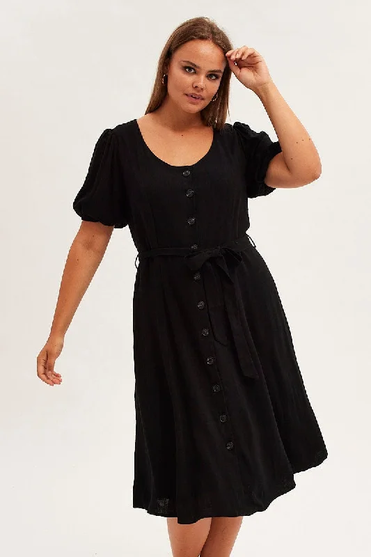 Midi dresses with pleated bodices for a classic and tailored lookBlack Short Sleeve Button Through Linen Blend Midi Dress