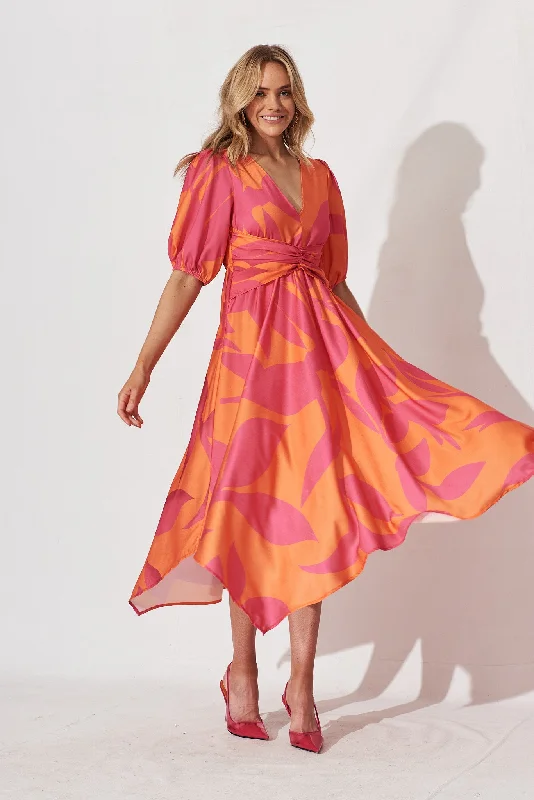 Midi dresses with ruched sleeves for a more fitted and stylish arm lookBloomin Midi Dress In Pink With Orange Leaf Midi dresses with ruched sleeves for a more fitted and stylish arm lookBloomin Midi Dress In Pink With Orange Leaf