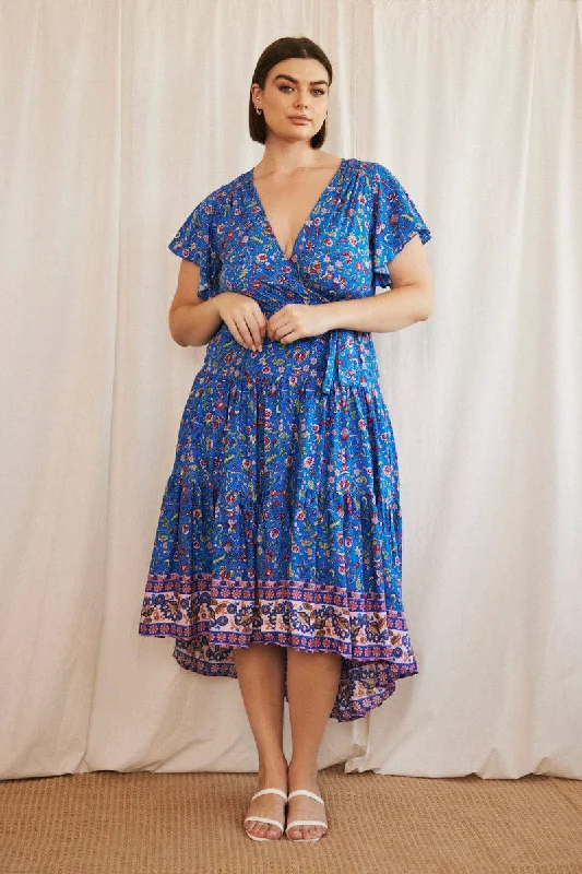 Midi dresses with ruched sleeves for a more fitted and stylish arm lookBlue Boho Midi Dress Short Sleeve Wrap Front Midi dresses with ruched sleeves for a more fitted and stylish arm lookBlue Boho Midi Dress Short Sleeve Wrap Front