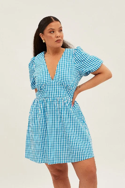 Midi dresses with ruched sleeves for a more fitted and stylish arm lookBlue Check Midi Dress Short Puff Sleeve V-neck Gingham Midi dresses with ruched sleeves for a more fitted and stylish arm lookBlue Check Midi Dress Short Puff Sleeve V-neck Gingham