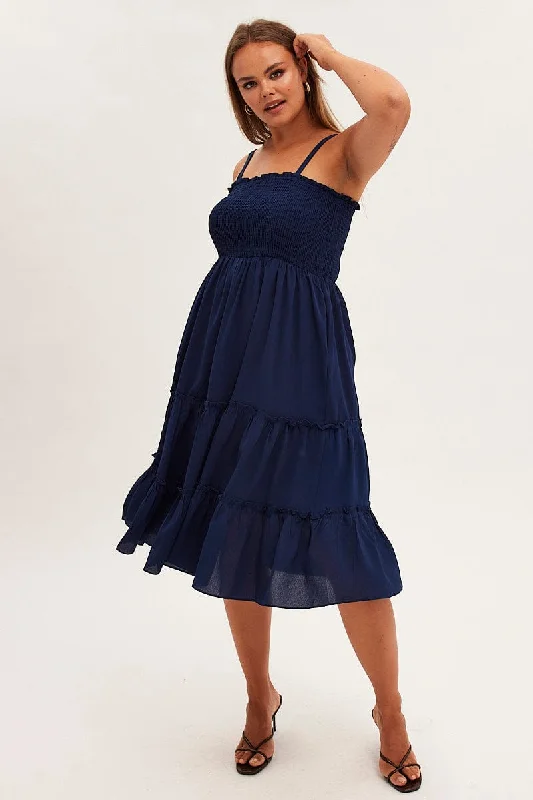 Midi dresses with tassel accents for a bohemian and free - spirited styleBlue Midi Dress Textured Shirred Bodice Strappy Midi dresses with tassel accents for a bohemian and free - spirited styleBlue Midi Dress Textured Shirred Bodice Strappy