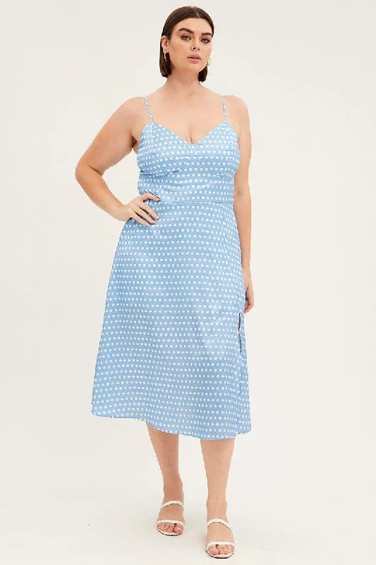 Midi dresses with V - necklines for a flattering and elongating effectBlue Polka Dot Midi Dress Strappy Front Split Satin Midi dresses with V - necklines for a flattering and elongating effectBlue Polka Dot Midi Dress Strappy Front Split Satin