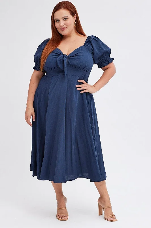 A - line midi dresses with floral prints for spring brunchesBlue Tie Front Button Midi Dress A - line midi dresses with floral prints for spring brunchesBlue Tie Front Button Midi Dress