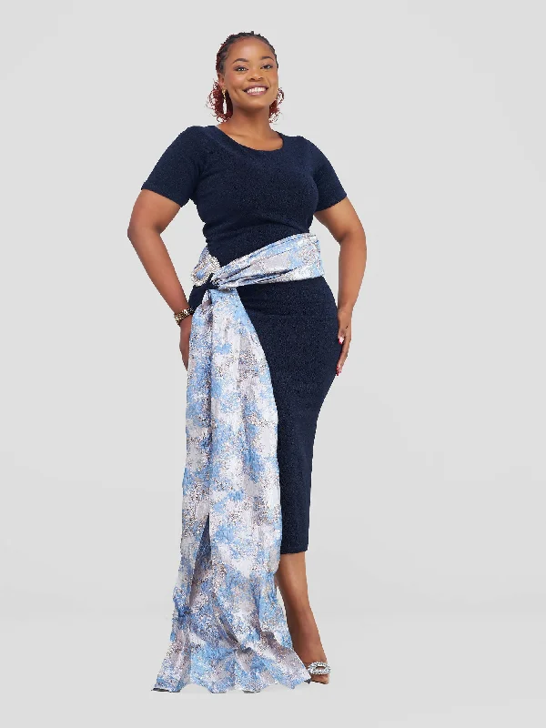 Midi dresses with ruffled bodices for a more pronounced feminine lookBold N chic Shimmer Dress With Brocade Tail - Blue Midi dresses with ruffled bodices for a more pronounced feminine lookBold N chic Shimmer Dress With Brocade Tail - Blue