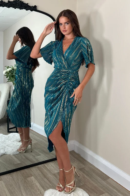 Midi dresses with pom - pom trims for a playful and festive lookIsla Teal & Gold Metallic Midi Dress Midi dresses with pom - pom trims for a playful and festive lookIsla Teal & Gold Metallic Midi Dress