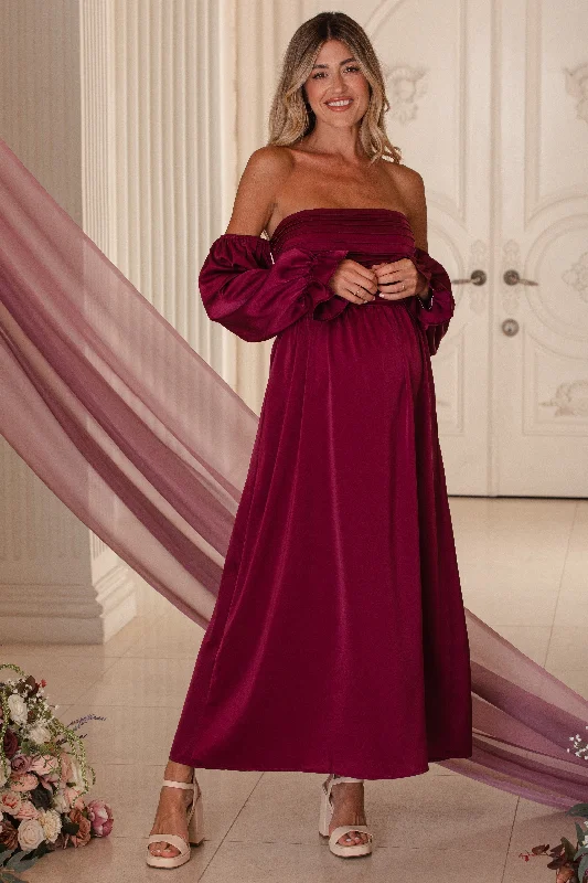 Midi dresses with empire waists for a flattering maternity optionBurgundy Off Shoulder Satin Pleated Bodice Maternity Maxi Dress Midi dresses with empire waists for a flattering maternity optionBurgundy Off Shoulder Satin Pleated Bodice Maternity Maxi Dress