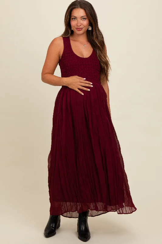 Midi dresses with pleated bodices for a classic and tailored lookBurgundy Textured Smocked Bodice Sleeveless Maternity Maxi Dress Midi dresses with pleated bodices for a classic and tailored lookBurgundy Textured Smocked Bodice Sleeveless Maternity Maxi Dress