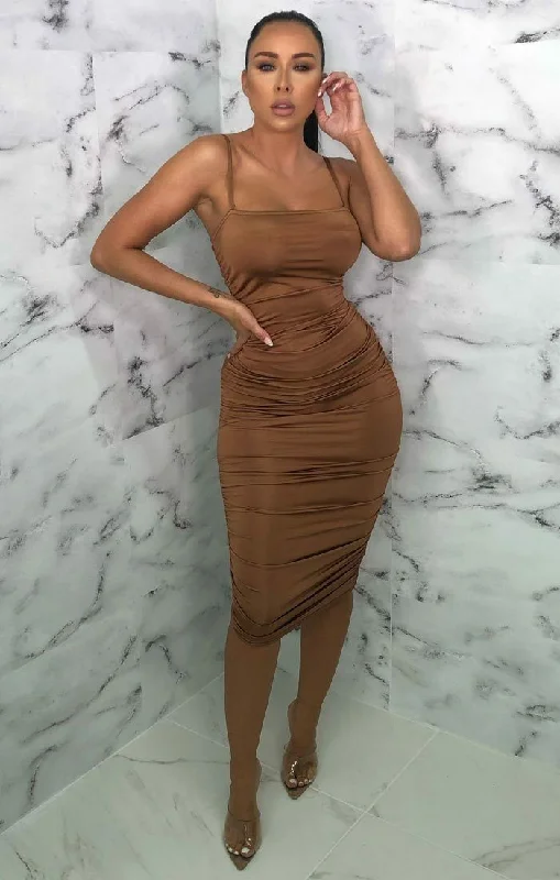 Midi dresses with one - shoulder designs for a modern and asymmetric styleCamel Slinky Ruched Thin Strap Midi Dress - Vienna Midi dresses with one - shoulder designs for a modern and asymmetric styleCamel Slinky Ruched Thin Strap Midi Dress - Vienna
