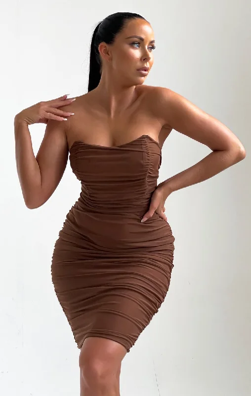Midi dresses with tassel accents for a bohemian and free - spirited styleChocolate Ruched Mesh Bandeau Bodycon Midi Dress - Eda Midi dresses with tassel accents for a bohemian and free - spirited styleChocolate Ruched Mesh Bandeau Bodycon Midi Dress - Eda