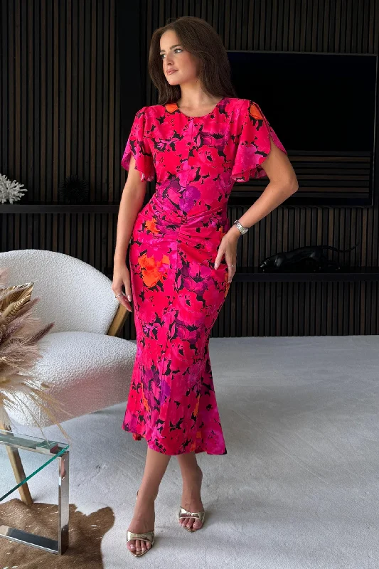 Midi dresses with fringe details for a fun and energetic styleCleo Pink Floral Ruched Detail Midi Dress