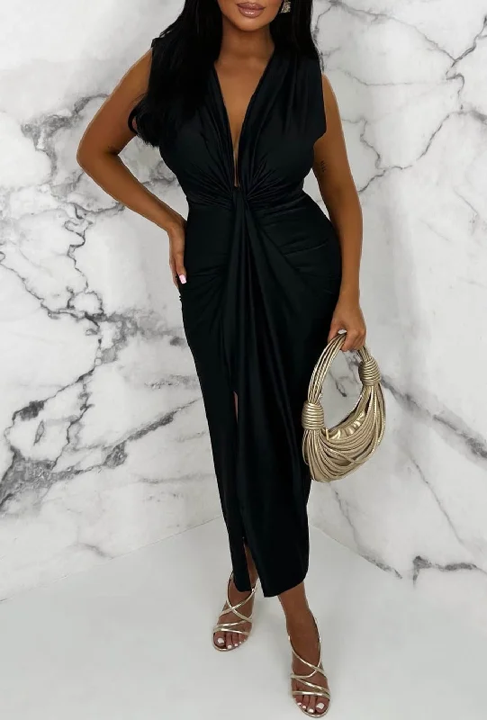 Midi dresses with ruffled sleeves for a more feminine and voluminous lookCocktail Hour Black Stretch Sleeveless Plunge Ruched Midi Dress Midi dresses with ruffled sleeves for a more feminine and voluminous lookCocktail Hour Black Stretch Sleeveless Plunge Ruched Midi Dress