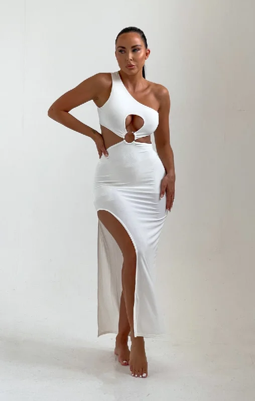 Midi dresses with embroidered accents for a unique and detailed designCream One Shoulder Cut Out Ring Detail Side Split Midi Dress - Thea Midi dresses with embroidered accents for a unique and detailed designCream One Shoulder Cut Out Ring Detail Side Split Midi Dress - Thea