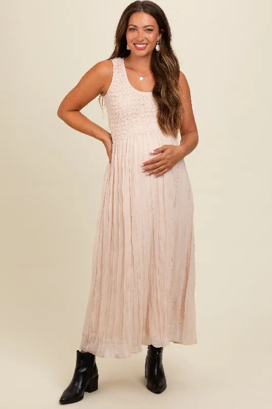 Midi dresses with abstract art prints for an artistic statementCream Textured Smocked Bodice Sleeveless Maternity Maxi Dress Midi dresses with abstract art prints for an artistic statementCream Textured Smocked Bodice Sleeveless Maternity Maxi Dress