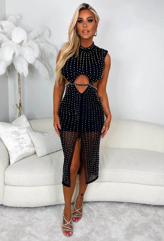 Midi dresses with side slits for a sexy and elegant appearanceDazzled By Pearls Black Embellished Sleeveless Mesh Lined Midi Dress Midi dresses with side slits for a sexy and elegant appearanceDazzled By Pearls Black Embellished Sleeveless Mesh Lined Midi Dress