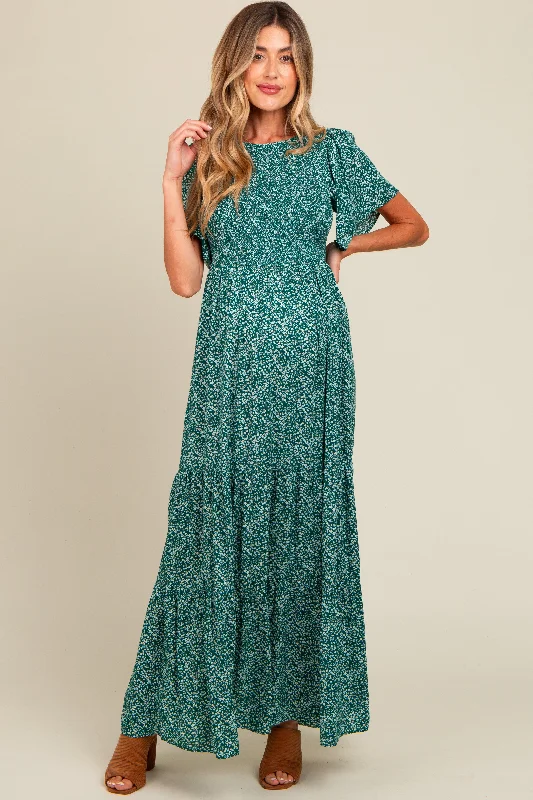 Midi dresses with belted waists to accentuate the figureDeep Teal Floral Smocked Flutter Sleeve Maternity Maxi Dress Midi dresses with belted waists to accentuate the figureDeep Teal Floral Smocked Flutter Sleeve Maternity Maxi Dress