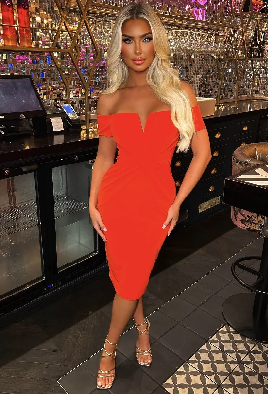 Midi dresses with mesh inserts for a trendy and breathable optionDeluxe Darling Orange Bardot Cross Over Detail Stretch Midi Dress Midi dresses with mesh inserts for a trendy and breathable optionDeluxe Darling Orange Bardot Cross Over Detail Stretch Midi Dress