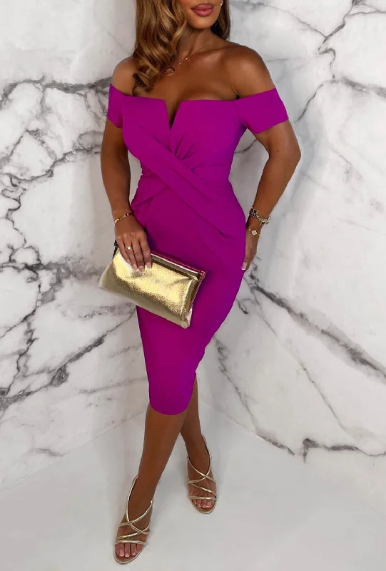 Midi dresses with patchwork patterns for a one - of - a - kind styleDeluxe Darling Magenta Bardot Cross Over Detail Stretch Midi Dress Midi dresses with patchwork patterns for a one - of - a - kind styleDeluxe Darling Magenta Bardot Cross Over Detail Stretch Midi Dress