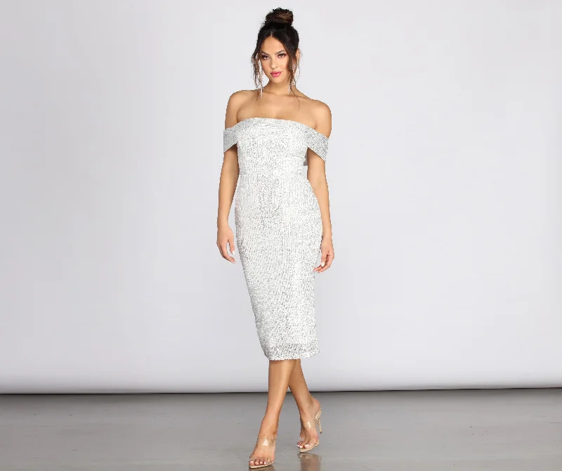 Midi dresses with belted waists to accentuate the figureDesi Sequin Off Shoulder Midi Dress Midi dresses with belted waists to accentuate the figureDesi Sequin Off Shoulder Midi Dress