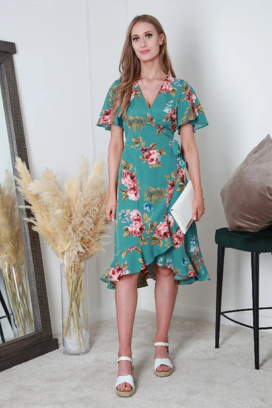 Midi dresses with side slits for a sexy and elegant appearanceDouble Second Printed Frill Hem True Wrap Dress Midi dresses with side slits for a sexy and elegant appearanceDouble Second Printed Frill Hem True Wrap Dress