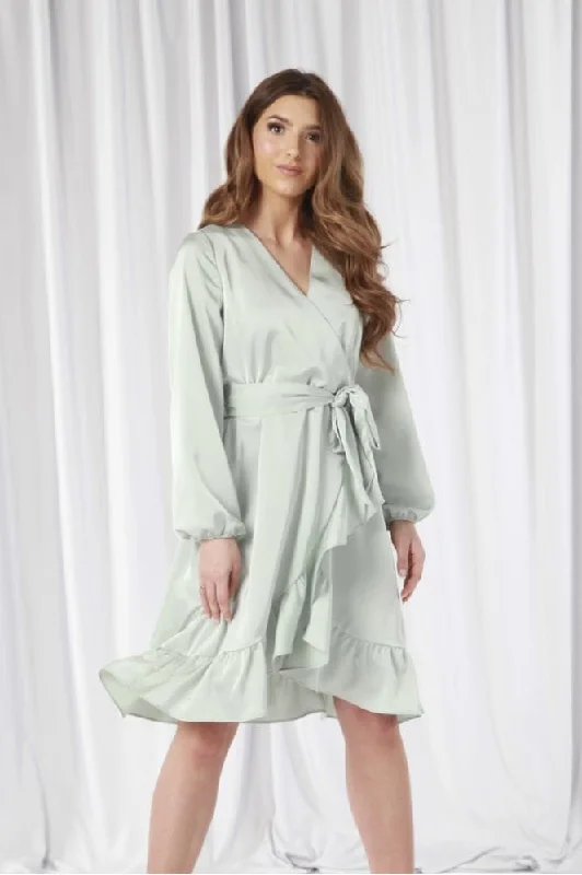 Midi dresses with one - shoulder designs for a modern and asymmetric styleDouble Second Sage Frill Wrap Dress Midi dresses with one - shoulder designs for a modern and asymmetric styleDouble Second Sage Frill Wrap Dress