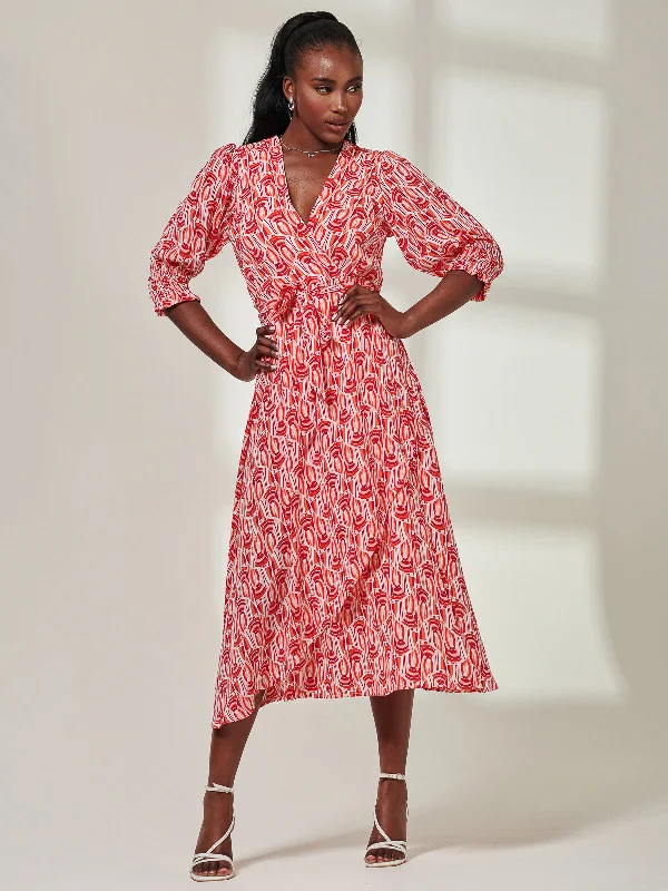 Midi dresses with pom - pom trims for a playful and festive lookEllie Crepe Wrap Puff Sleeve Midi Dress, Red Geo Midi dresses with pom - pom trims for a playful and festive lookEllie Crepe Wrap Puff Sleeve Midi Dress, Red Geo