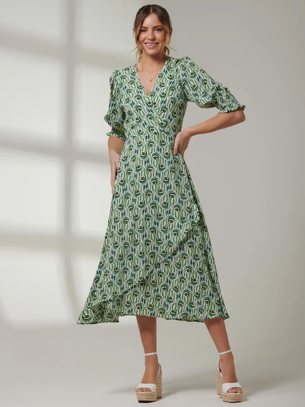 Midi dresses with ruffled hems for a romantic date nightEllie Crepe Wrap Puff Sleeve Midi Dress, Green Geo Midi dresses with ruffled hems for a romantic date nightEllie Crepe Wrap Puff Sleeve Midi Dress, Green Geo