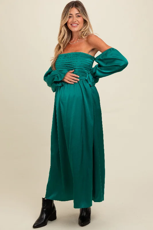 Midi dresses with pleated bodices for a classic and tailored lookEmerald Green Off Shoulder Satin Pleated Bodice Maternity Maxi Dress Midi dresses with pleated bodices for a classic and tailored lookEmerald Green Off Shoulder Satin Pleated Bodice Maternity Maxi Dress