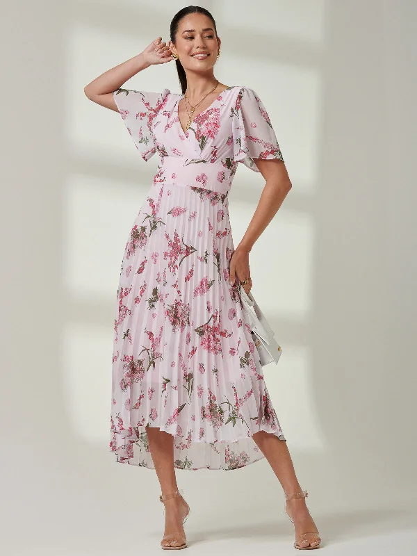 Wrap - style midi dresses in silk for a sophisticated office lookFloral Pleated Chiffon Dip Hem Dress, Pink Floral Wrap - style midi dresses in silk for a sophisticated office lookFloral Pleated Chiffon Dip Hem Dress, Pink Floral