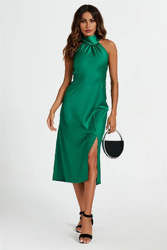 Midi dresses with printed lining for a hidden and stylish detailFS Collection Satin Halter Neck Tie Back Midi Dress In Green Midi dresses with printed lining for a hidden and stylish detailFS Collection Satin Halter Neck Tie Back Midi Dress In Green
